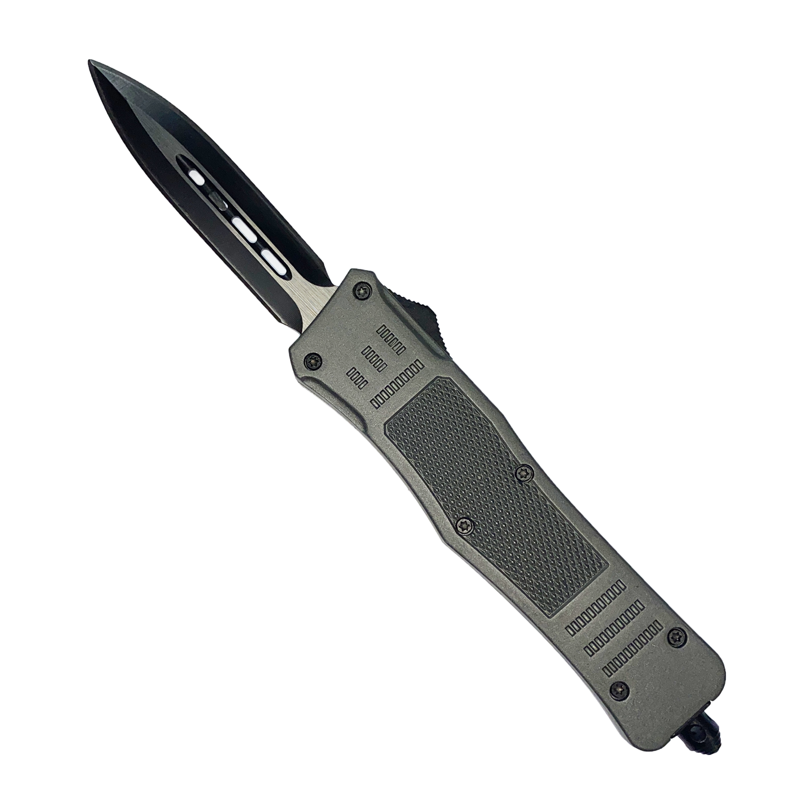 Delta Force Medium OTF Grey Handle Black Double Edge Plain Blade knife ...